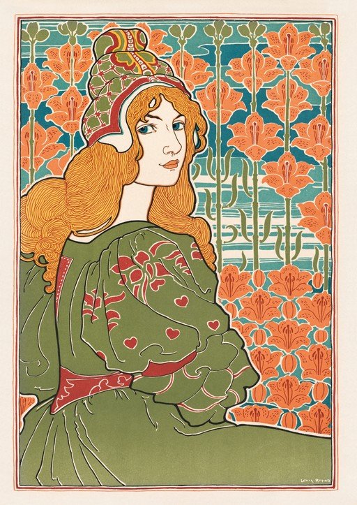 Art Nouveau Woman with Red Hair and Floral Background
