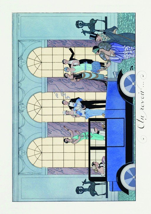 Art Deco Scene: Elegant Figures and Vintage Car