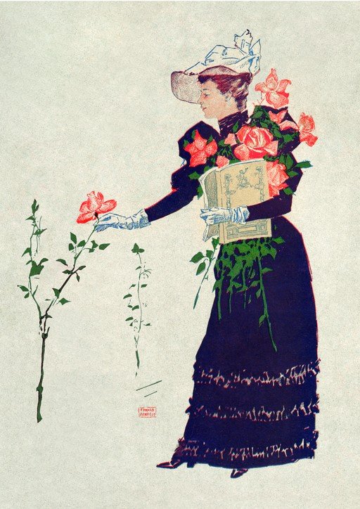 Woman in Victorian Dress Admiring Roses