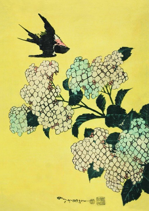 Swallow and Hydrangeas Woodblock Print
