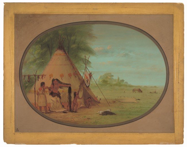 Native American Camp Scene with Buffalo and Teepees