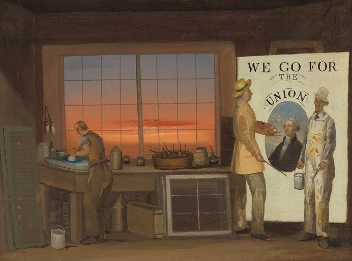 Artists in Studio with "We Go for the Union" Poster