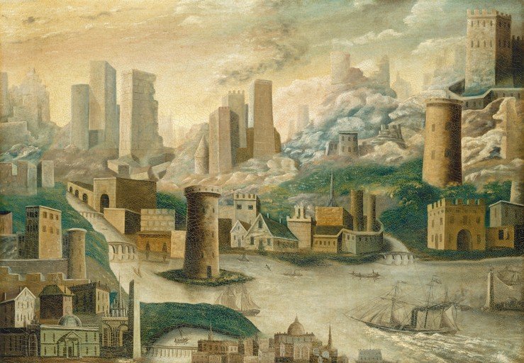 Imaginary Cityscape with Towers and Ships