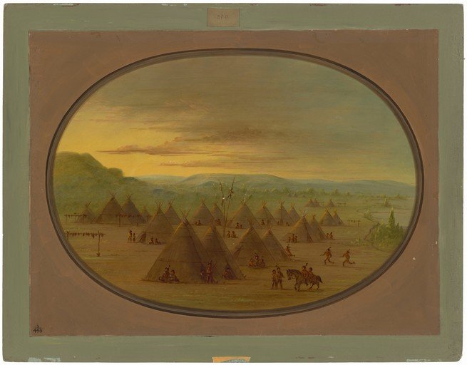 Native American Village Scene at Sunset