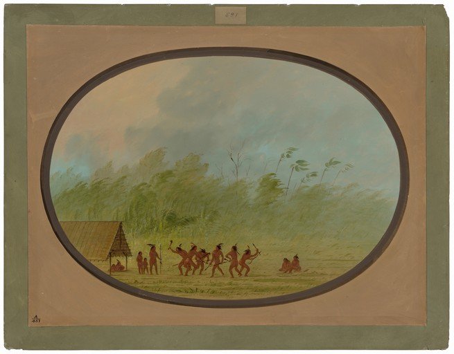 Native American Village Scene with Dancing Figures