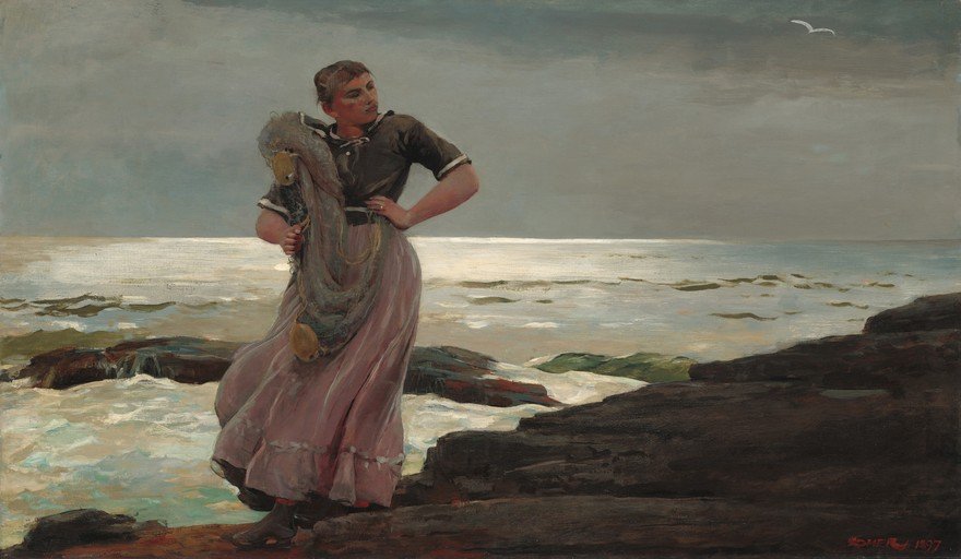 Woman with Fishing Net by the Sea