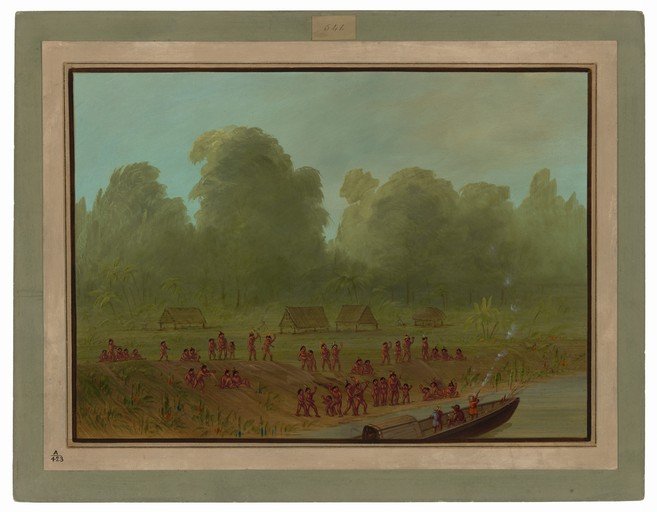Indigenous Village Scene with Boat on River