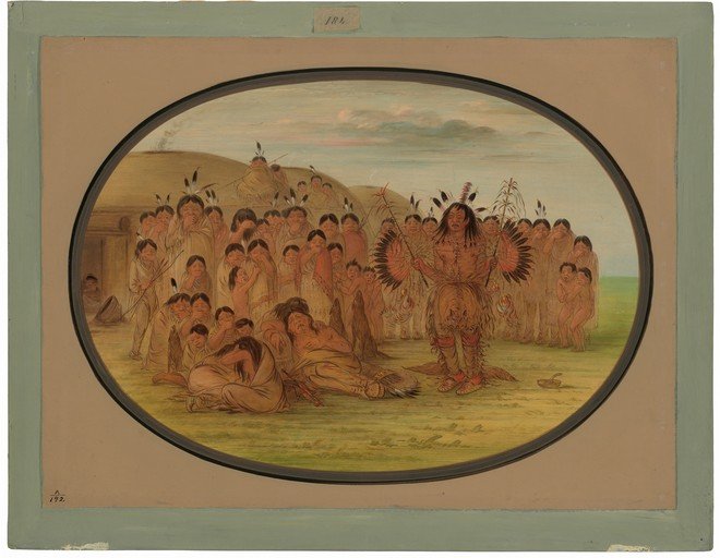 Native American Village Scene with Ceremony