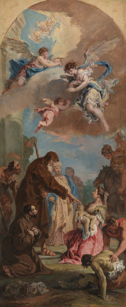 Baroque Painting of a Religious Scene with Angels and Mortals