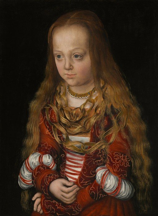 Portrait of a Young Girl with Long Hair and Red Dress