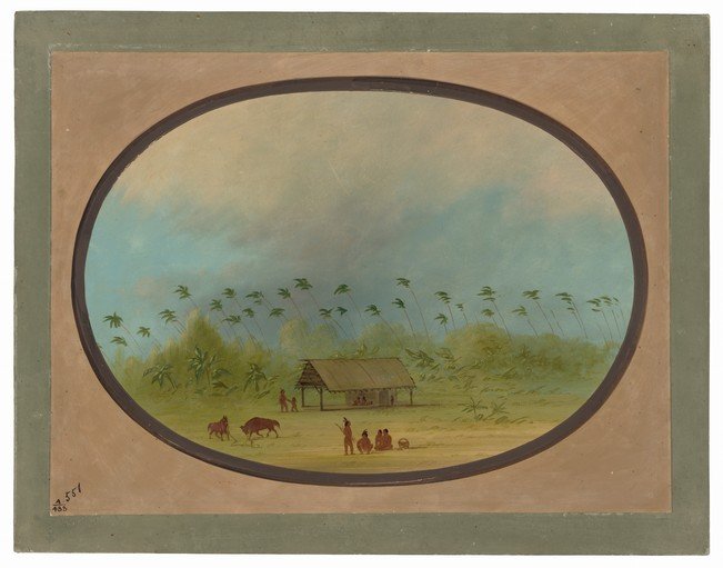 Tropical Village Scene with Figures and Livestock