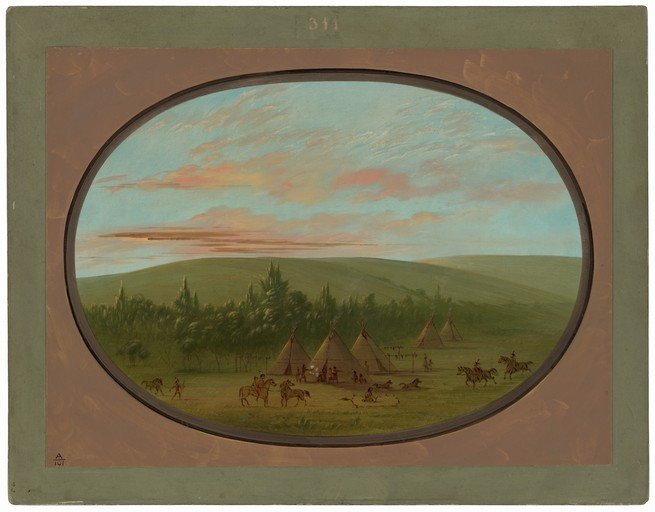Native American Camp Scene at Sunset
