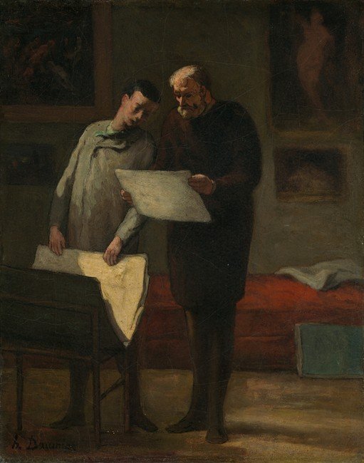 Two Men Examining Documents in an Art Studio