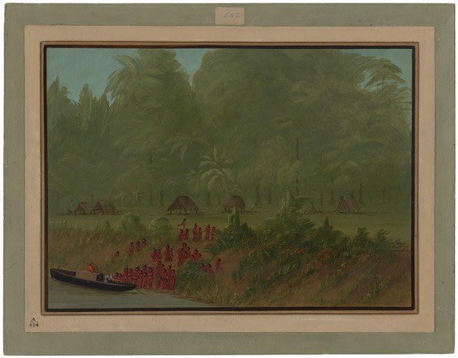 Indigenous Village Scene with Boat and People