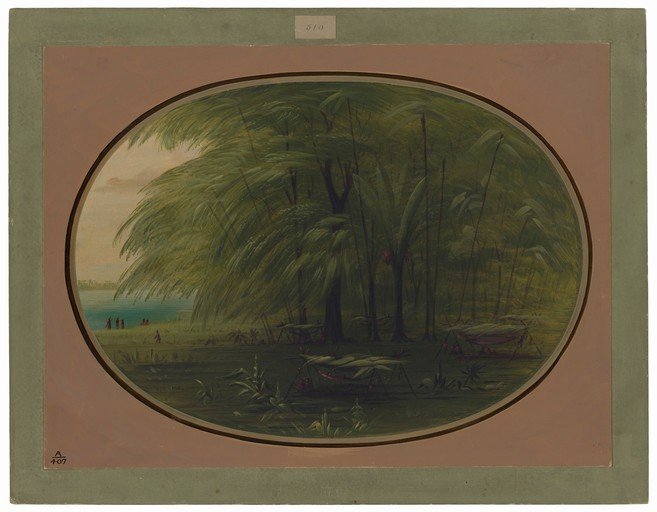 Tropical Landscape with Figures and Huts