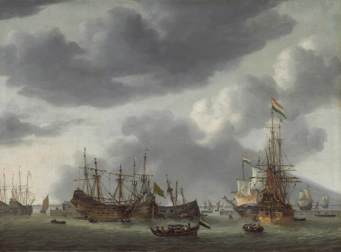 Ships in a Harbor Under a Cloudy Sky