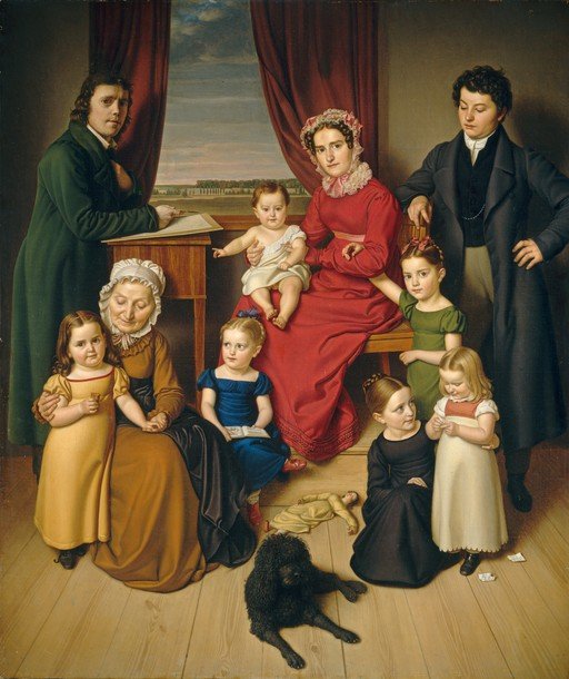 19th Century Family Portrait with Dog and Dolls