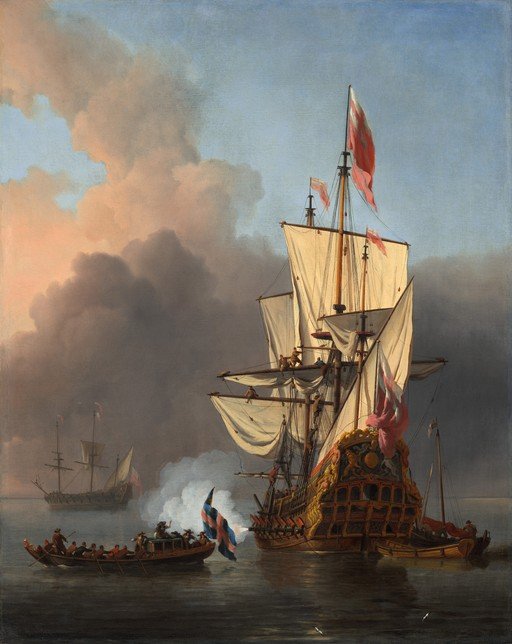 17th-Century Naval Scene with Galleon and Longboat