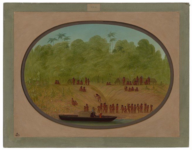 Indigenous Village Scene with Boat on River