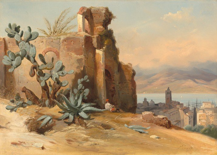 Coastal Town Ruins with Cacti and Distant Sea View