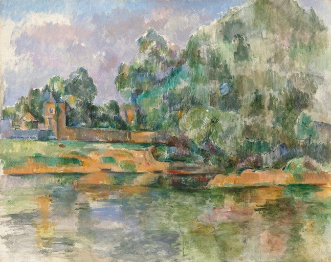 Impressionist Landscape Painting of a Riverbank with Trees and Buildings