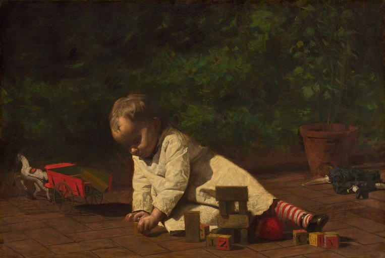 Child Playing with Blocks and Toys Outdoors
