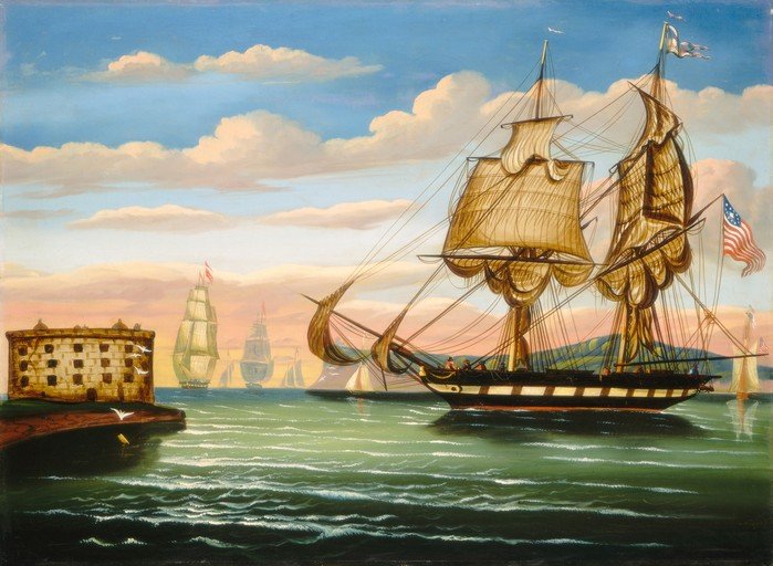 Nautical Scene with Tall Ships and Fort