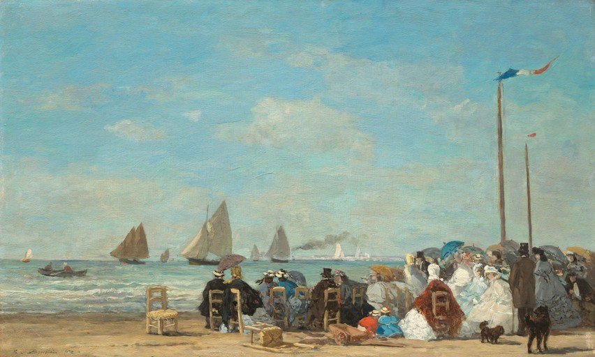 Beach Scene with Figures and Sailboats