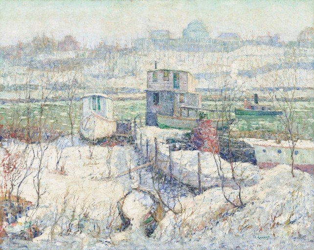 Winter Scene with Boats on a Frozen River