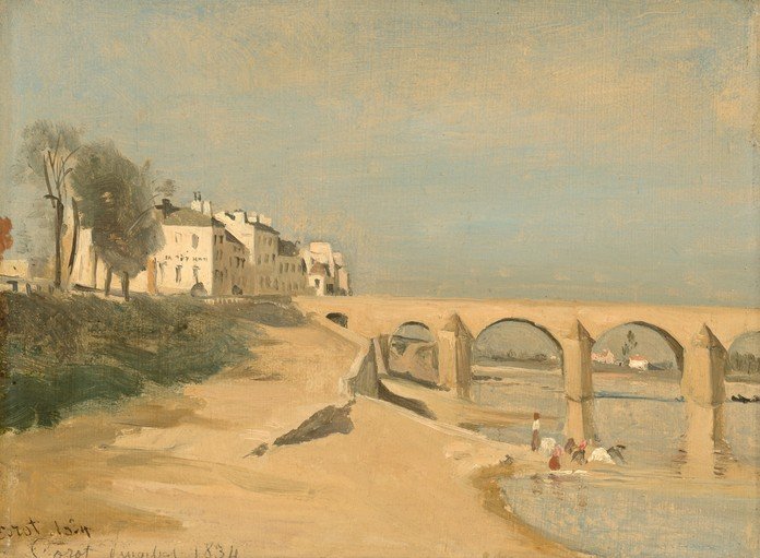 Bridge Over River with Town and Washerwomen