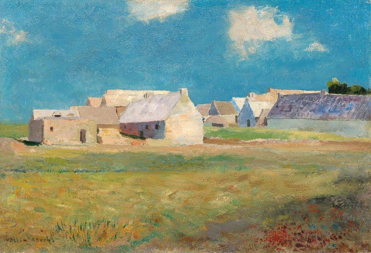 Impressionist Village Scene with Poppies
