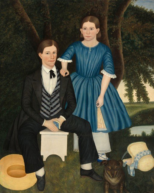 Portrait of a Boy and Girl with Dog and Hats