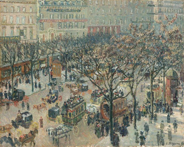 Parisian Street Scene with Horse-Drawn Carriages and Pedestrians