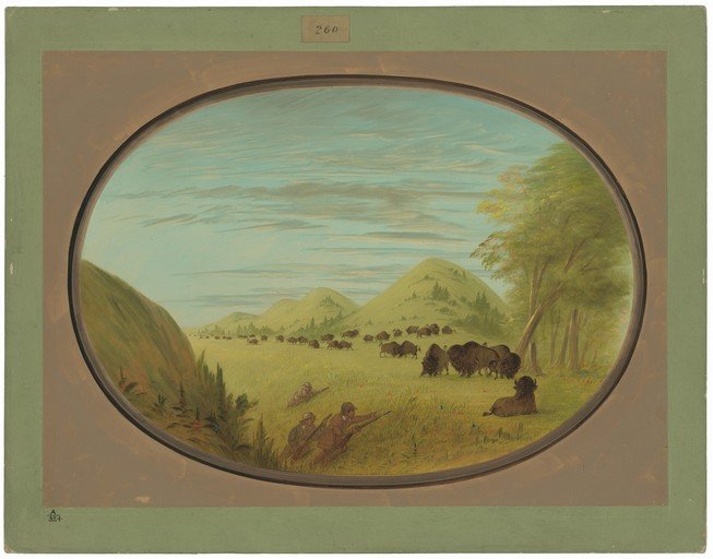 Buffalo Hunt Scene with Hunters in a Landscape