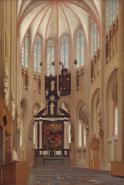 Interior of a Gothic Cathedral with Altar and Banners