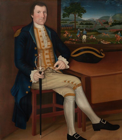 Portrait of a Man in Military Attire with Battle Scene