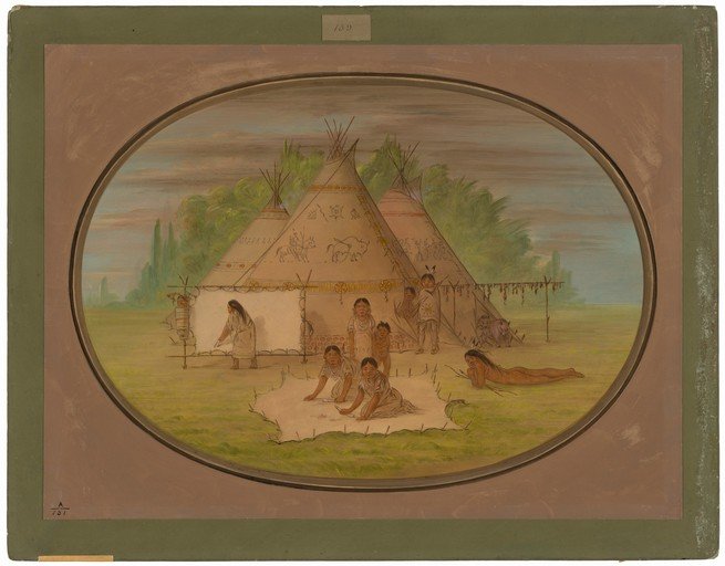 Native American Village Scene with Tipis and People