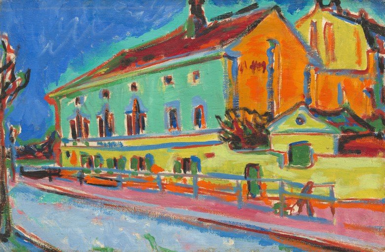 Vibrant Expressionist Painting of Buildings and Street