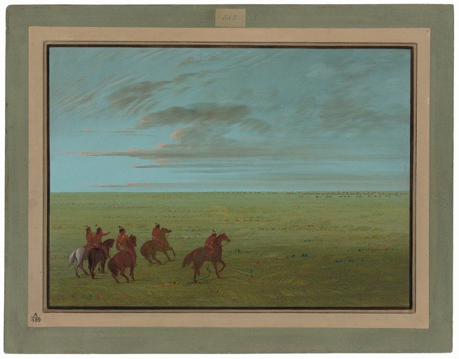 Native Americans on Horseback in a Vast Prairie Landscape