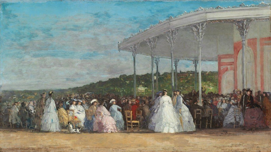 Impressionist painting of a social gathering under a pavilion
