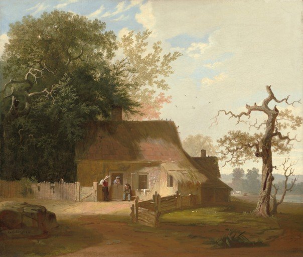 Rural Cottage Scene with Figures and Trees