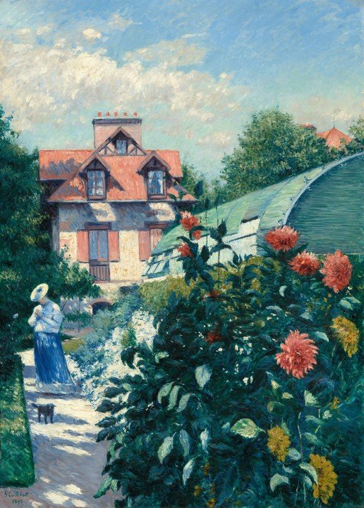 Woman and Dog in a Garden with Greenhouse