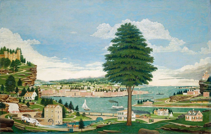 Panoramic View of a Bustling Harbor Town
