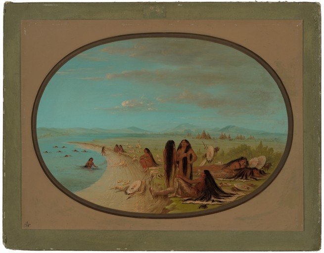 Native American Camp Scene by a River