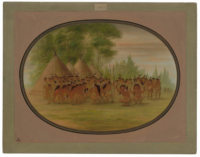 Native American Village Scene with Figures and Tipis