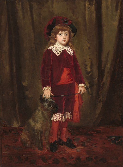 Portrait of a Boy in Red Velvet with a Dog