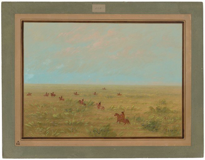 Native Americans on Horseback in a Vast Prairie Landscape