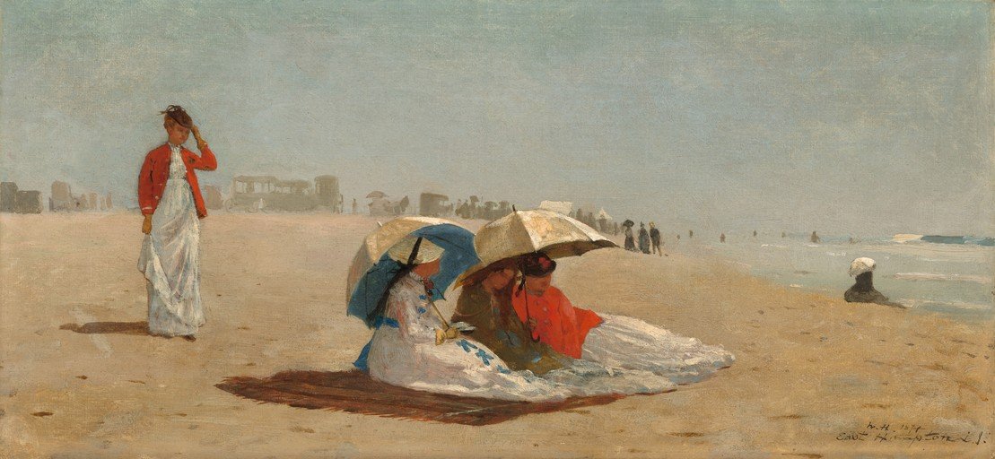 Victorian Beach Scene with Women Under Umbrellas