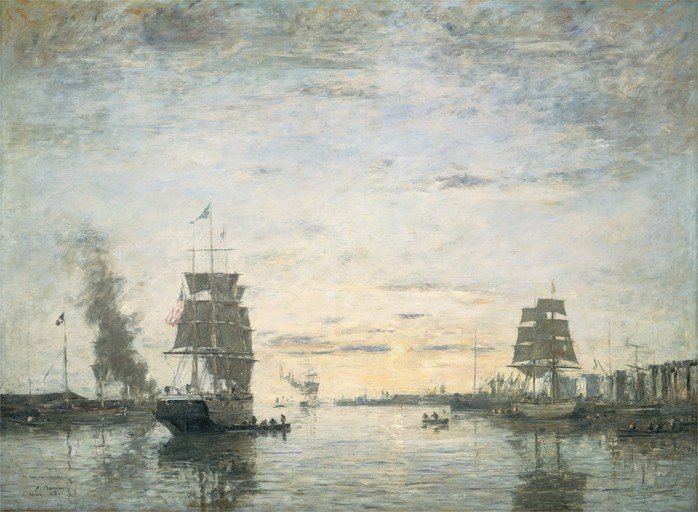 Impressionist painting of ships in a harbor at sunrise