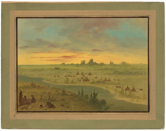 Native American Camp Scene at Sunset